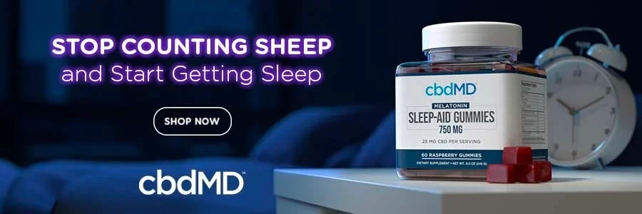 cbdMD melatonin sleep aid gummies 750 mg raspberry container next to a shop now button