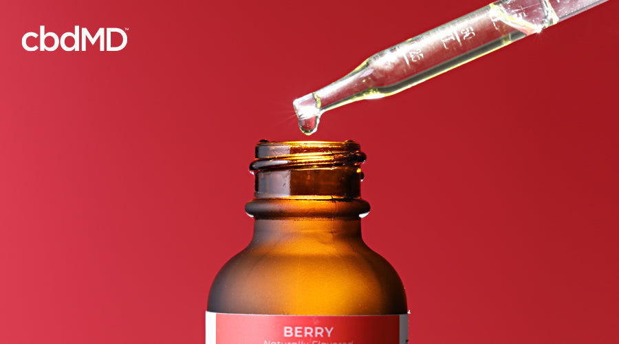 Tincture dropper drops oil into bottle of berry-flavored CBD oil