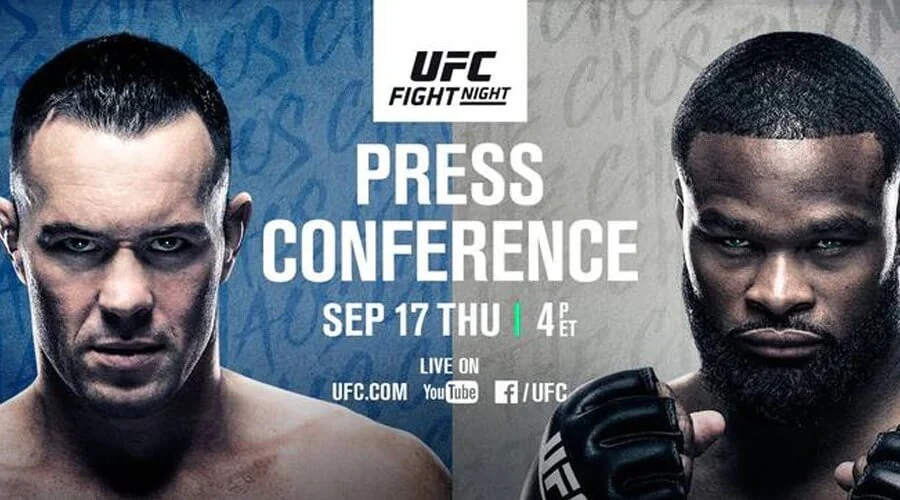 Promo image of tyron woodley and colby covington for their pre ufc 178 press conference