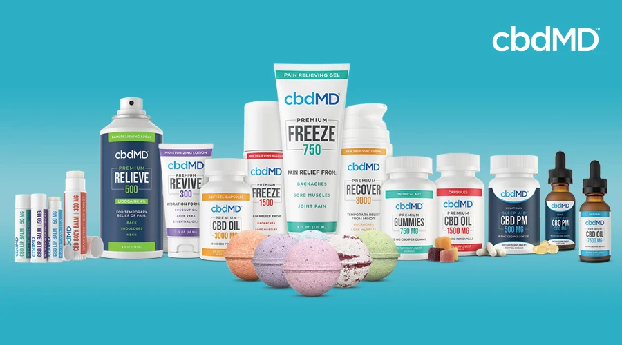 The complete line of cbd products from cbdmd sits in a group against a blue background