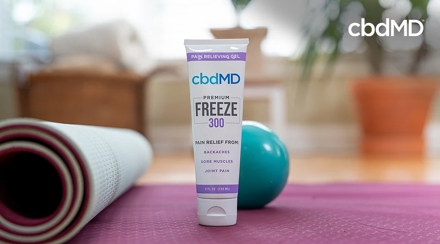 A tube of 300 mg cbd freeze from cbdmd sits on a yoga mat in a living room
