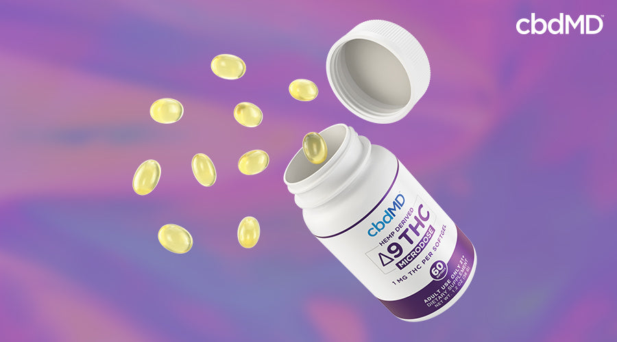 Hemp derived delta 9 thc capsules 1 mg microdose with softgels pouring out of the top - cbdMD