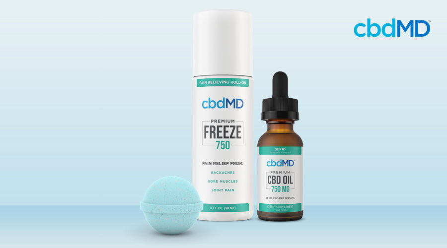 A cbd bundle from cbdmd sits against a blue background