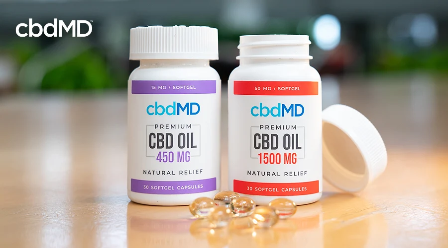 Two bottles of cbd capsules from cbdmd sit on a table