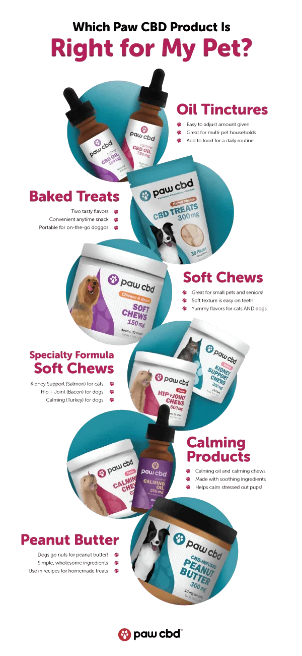 Infographic detailing each Paw CBD product from cbdMD and the various pros and cons