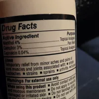 Customer-uploaded image. Click to see more details. The image represents: Drug Facts label on a topical pain relief product bottle showing active ingredients including Menthol 4%, Camphor 3%, and Capsaicin 0.04%, with usage instructions and warnings for external use only.