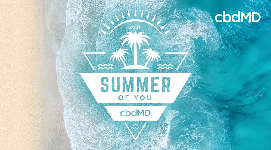 Beach aerial view with Summer of You 2021 text, palm trees, and ocean waves graphic overlay