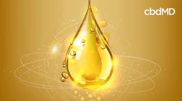Golden CBD oil drop with floating bubbles on a yellow background and molecular graphics