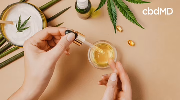 Hands using CBD oil dropper surrounded by hemp leaves, capsules, and lotion jar on beige surface