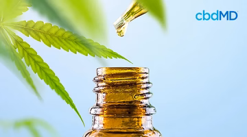 CBD oil dropper over amber bottle with hemp leaf on light blue background