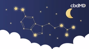 Melatonin molecule illustrated as glowing stars in a night sky with a crescent moon and clouds