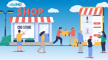 Illustration comparing a physical CBD store and online CBD shopping on a mobile device.