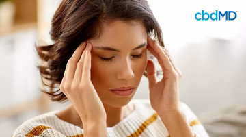 Woman sitting indoors with eyes closed, massaging temples, stress relief concept