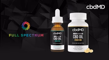 Full spectrum CBD oil tincture and softgels set against a black geometric background.