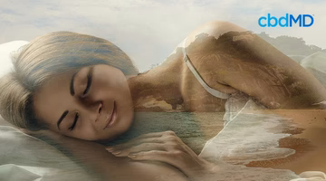 Woman peacefully sleeping in bed with beach and nature overlay, symbolizing restful sleep.