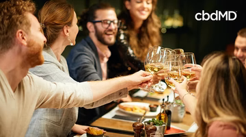 Group of friends toasting wine glasses at a dinner table, social gathering, summer celebration