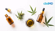 CBD oil dropper bottles with hemp leaves and oil on white background, cbd wellness concept