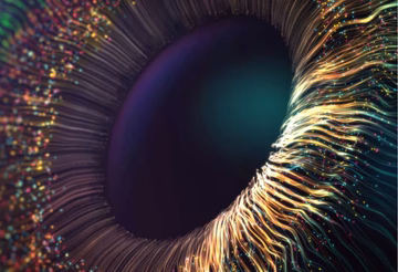 Colorful abstract close-up of an eye with neural fibers and glowing particles