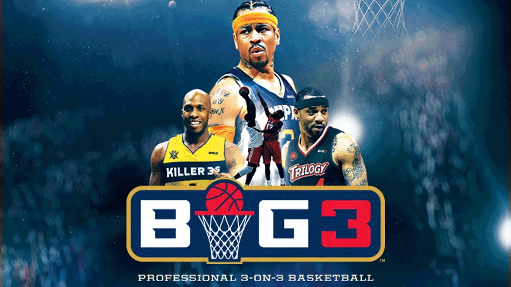 BIG3 basketball league promo with three male players and logo, professional 3-on-3 sports scene