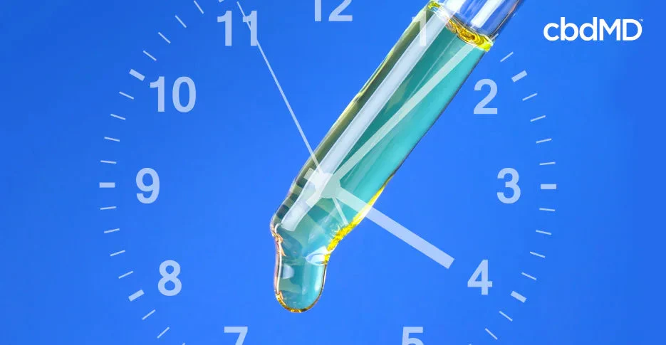 CBD oil dropper with liquid against blue clock face background, dosage timing concept