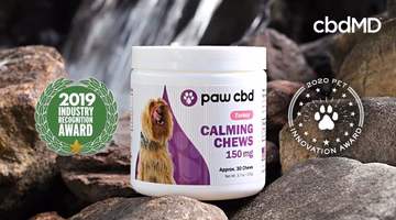 Paw CBD calming chews for dogs, 150mg turkey flavor, placed on rocks beside award badges.