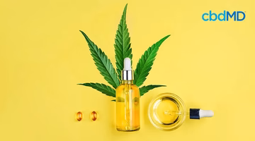 Glass dropper bottle with oil, hemp leaf, capsules, and cbdMD logo on yellow background