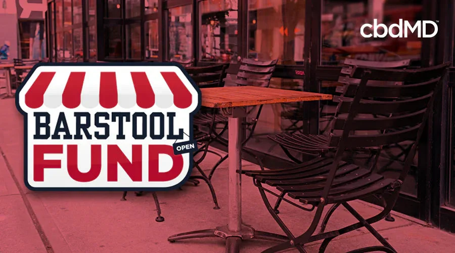 Barstool Fund logo over outdoor café seating, cbd product advertisement backdrop