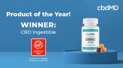 CBD gummies bottle labeled 750mg with colorful gummies, product of the year award badge.