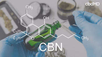 CBN molecular structure diagram over green dropper bottle, lab gloves, and cannabis jars