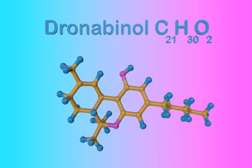 Dronabinol molecular structure model with chemical formula C21H30O2 on gradient background