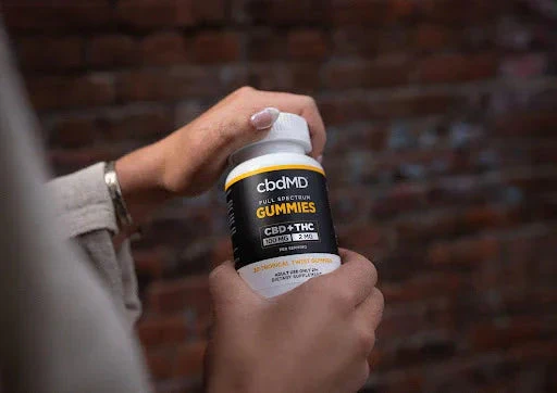 Person holding bottle of full spectrum CBD + THC gummies against brick wall