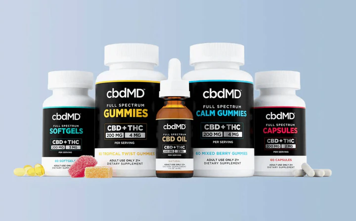 line-up of cbdMD products against a light blue backdrop