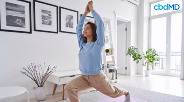 Woman practicing yoga at home in a bright living room, promoting wellness and self care
