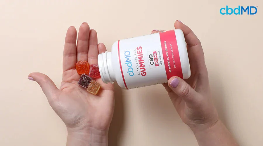 Hand holding assorted CBD gummies with a white and red bottle labeled 'Broad Spectrum Gummies'