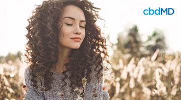 Woman with curly hair relaxing outdoors in a sunlit field, peaceful and calm expression