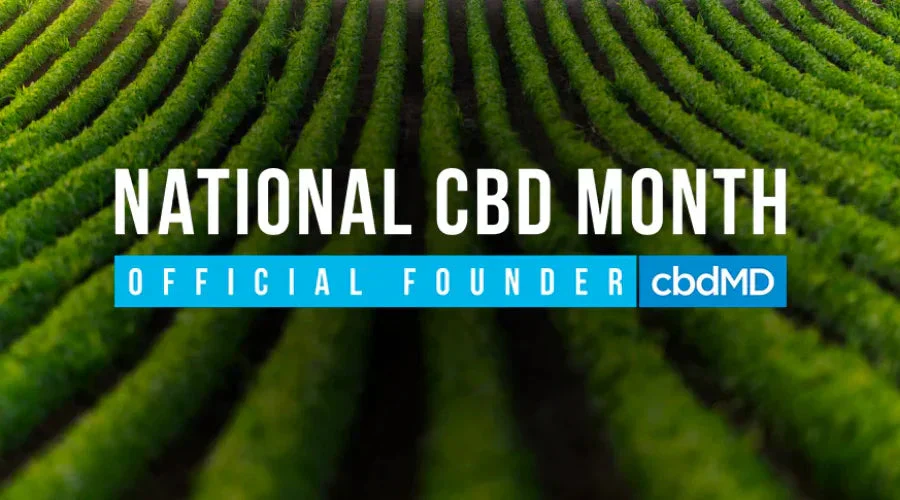 Rows of green hemp plants with text National CBD Month and Official Founder cbdMD logo.