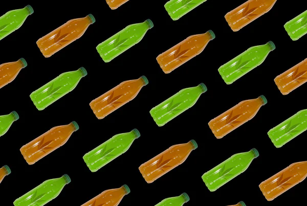 graphic of green and orange bottles titled diagonally with hemp leaves on them