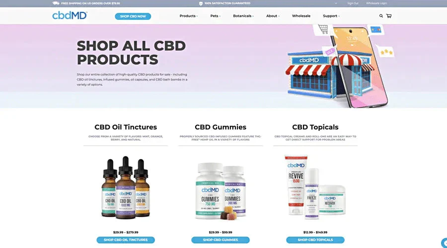 Website homepage displaying CBD oil tinctures, CBD gummies, and CBD topicals for sale online