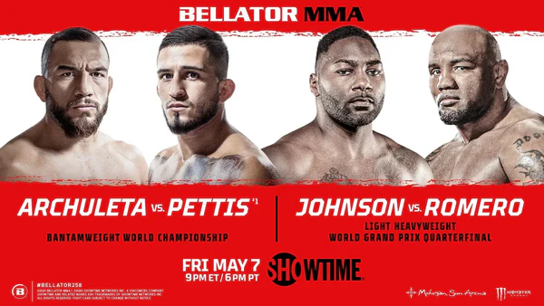 Bellator MMA fight poster with four male fighters for bantamweight and light heavyweight matchups, red and white event promo design.