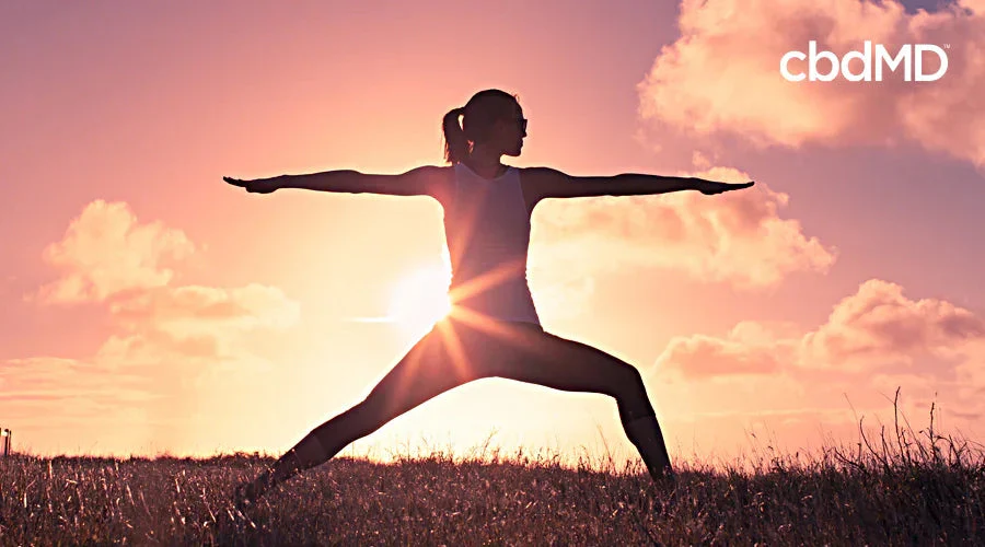 Woman practicing yoga outdoors at sunset, promoting wellness and healthy lifestyle