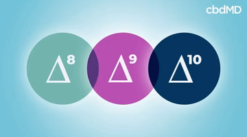 Delta 8, Delta 9, and Delta 10 symbols in overlapping colored circles on a blue background