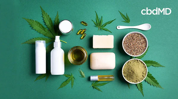 Hemp extract products, capsules, oil, powder, seeds, and green leaves on green background