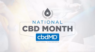 National CBD Month banner with cbdMD logo and leaf drop icon