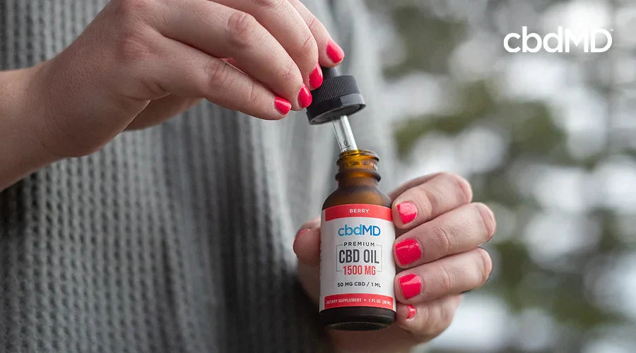 Person holding cbdMD 1500mg CBD oil tincture bottle outdoors with dropper
