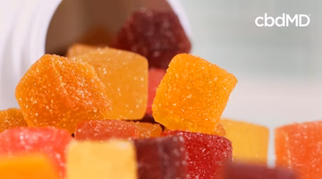 Assorted colorful CBD gummies spilling from a white bottle, close-up view.