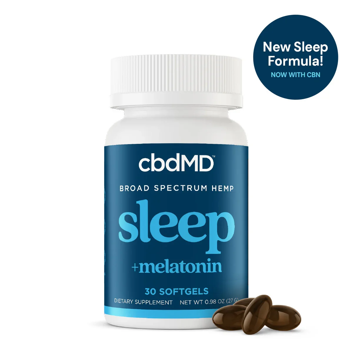 Bottle of broad spectrum hemp sleep softgels with melatonin, 30 count, and softgels shown.