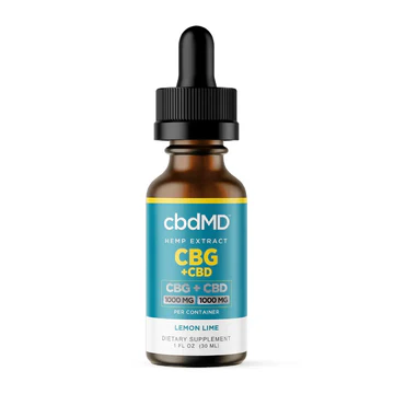 Brown dropper bottle labeled CBG + CBD lemon lime hemp extract dietary supplement