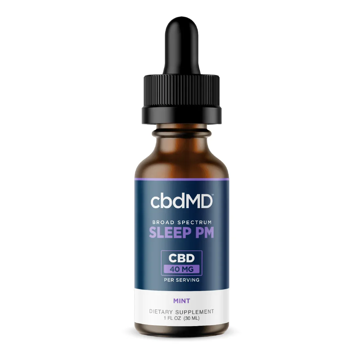 Mint flavored broad spectrum CBD Sleep PM tincture 40mg in 1oz dropper bottle