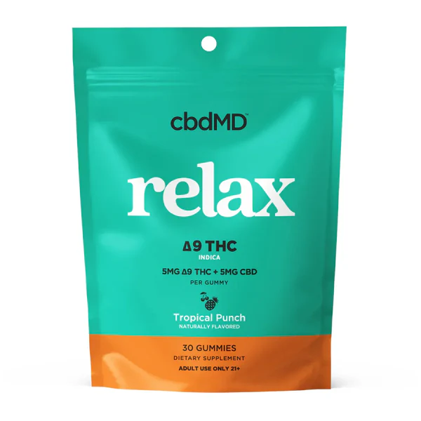 Relax Delta 9 THC gummies, tropical punch flavor, 30 count, teal and orange pouch