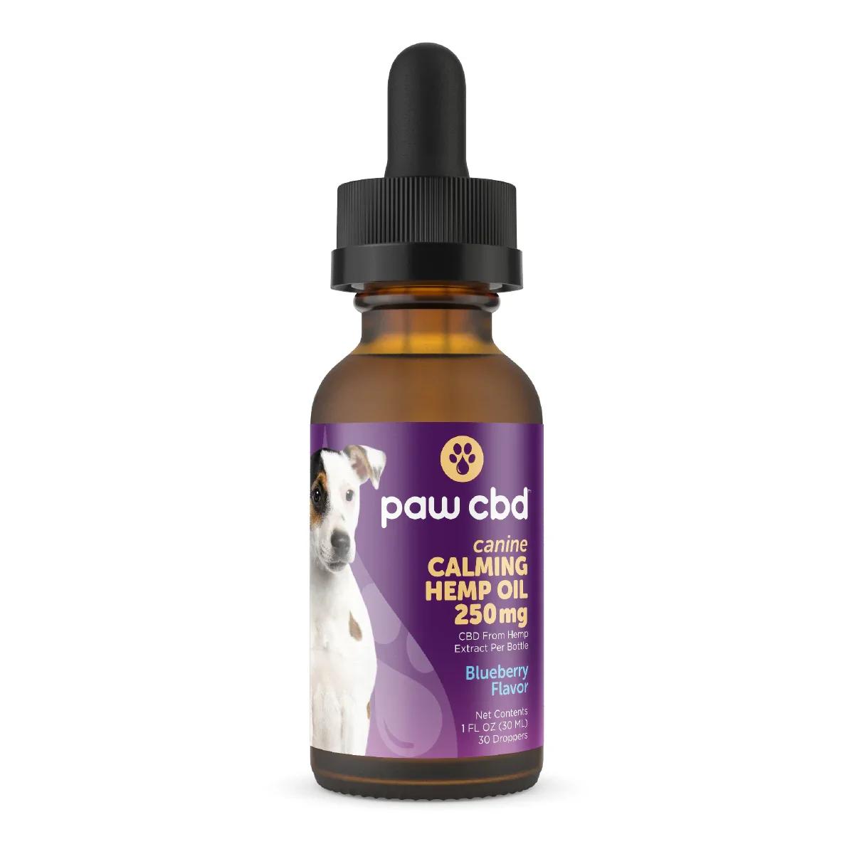 Dog calming hemp oil tincture bottle, 250mg, blueberry flavor, with dropper